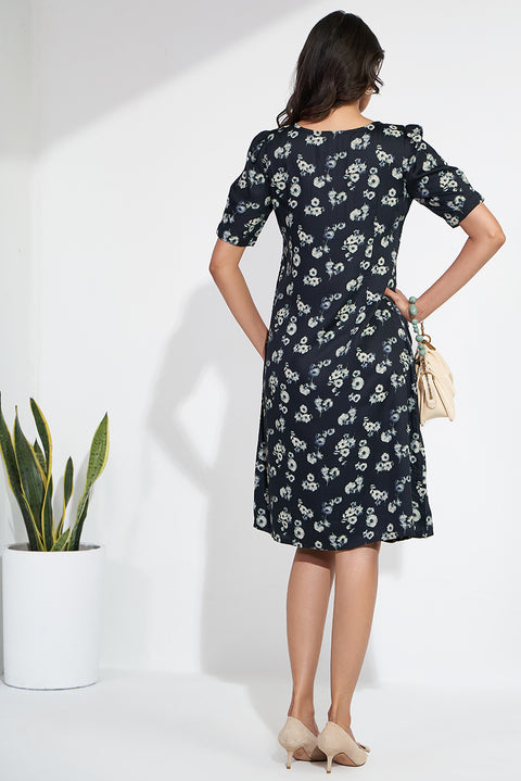 Black Printed Evening Dress In Sustainable Fabric With Sleeves