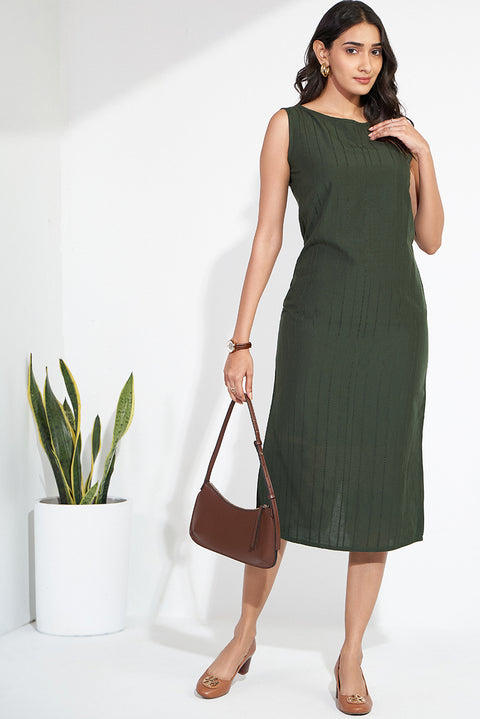 Green Woven Motifs Cotton Dress