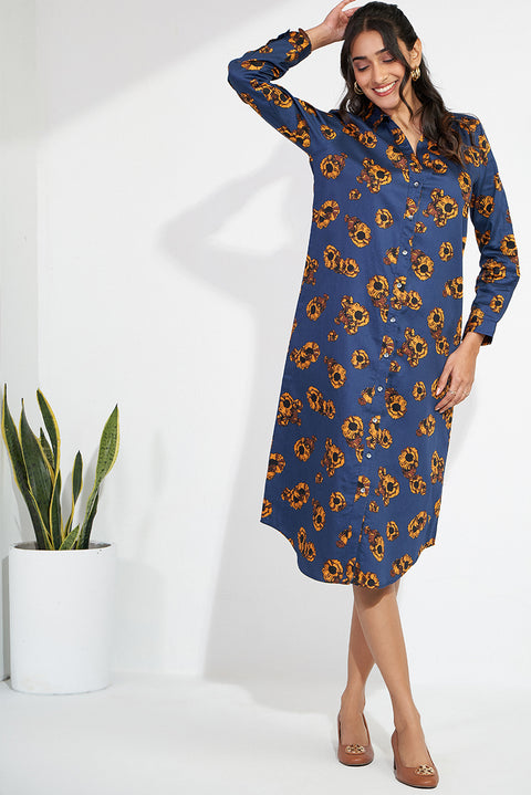 Blue Cotton Sateen Shirt Dress For A Evening