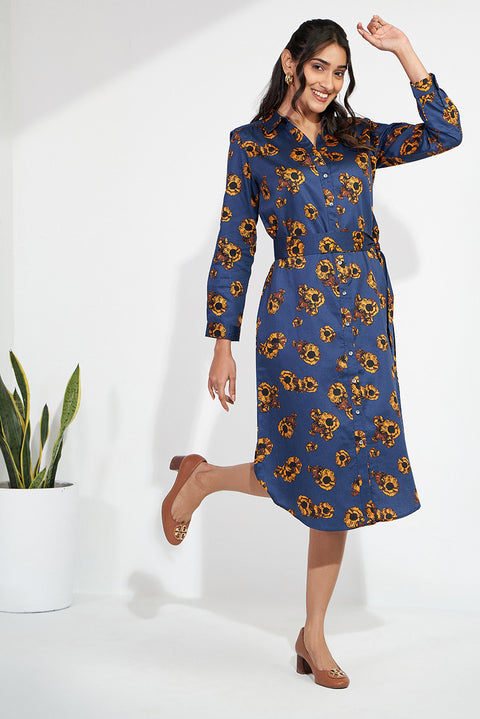 Blue Cotton Sateen Shirt Dress For A Evening