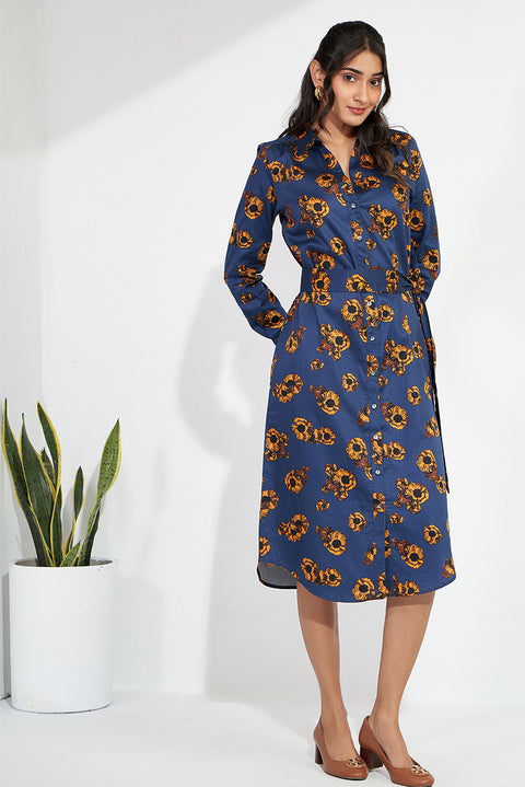 Blue Cotton Sateen Shirt Dress For A Evening