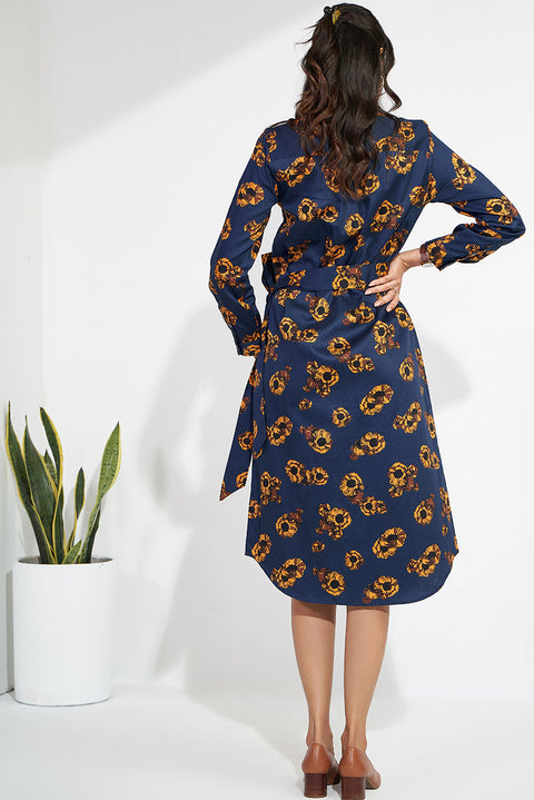 Blue Cotton Sateen Shirt Dress For A Evening