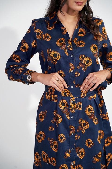 Blue Cotton Sateen Shirt Dress For A Evening