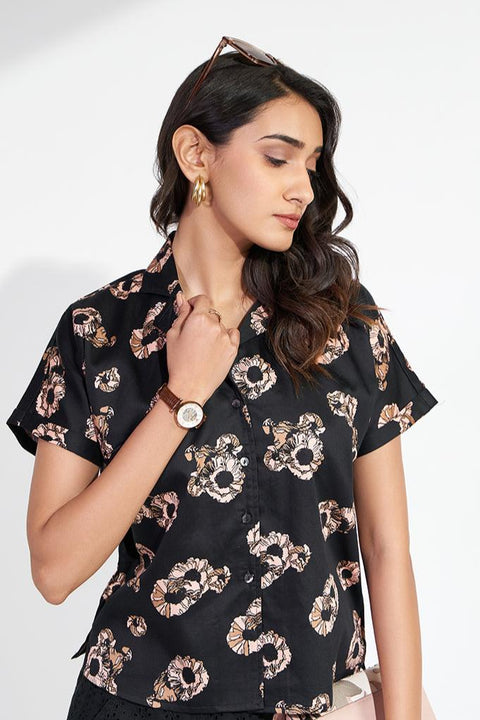 Black Cuban Collar Printed Top In Cotton Sateen