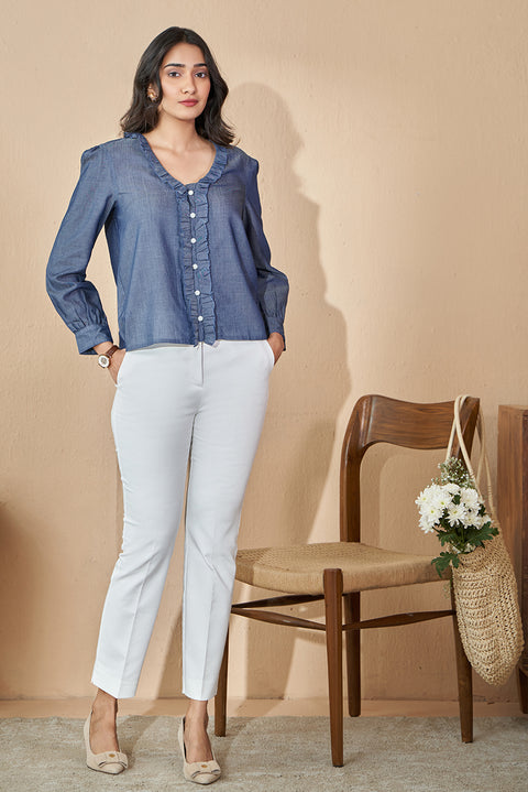 Tencel Denim Super Soft Top In V Neck With Frill