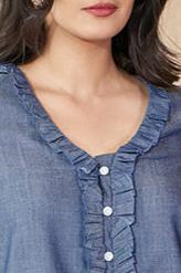 Tencel Denim Super Soft Top In V Neck With Frill