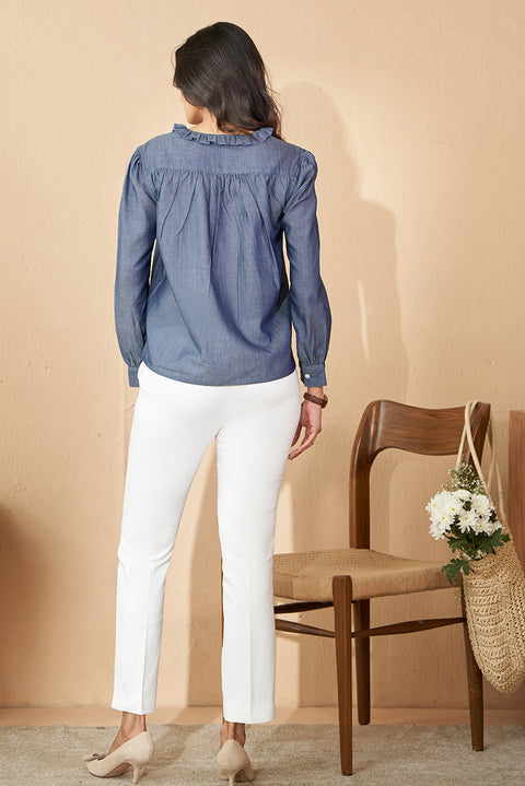 Tencel Denim Super Soft Top In V Neck With Frill