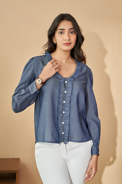 Tencel Denim Super Soft Top In V Neck With Frill