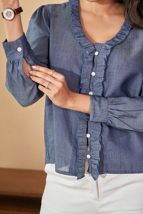 Tencel Denim Super Soft Top In V Neck With Frill