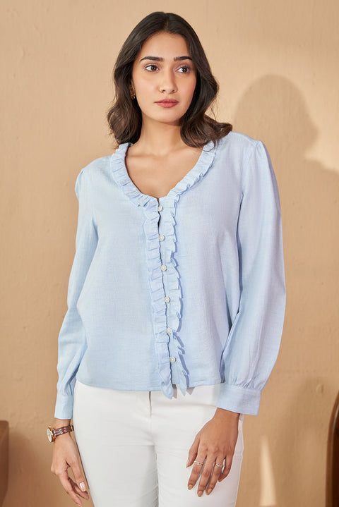 Pastel Blue Cotton Top In V Neck With Frill