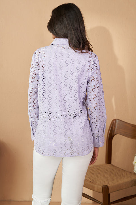 Lavender Schiffli Fabric Cotton Top With Rounded Collar Top