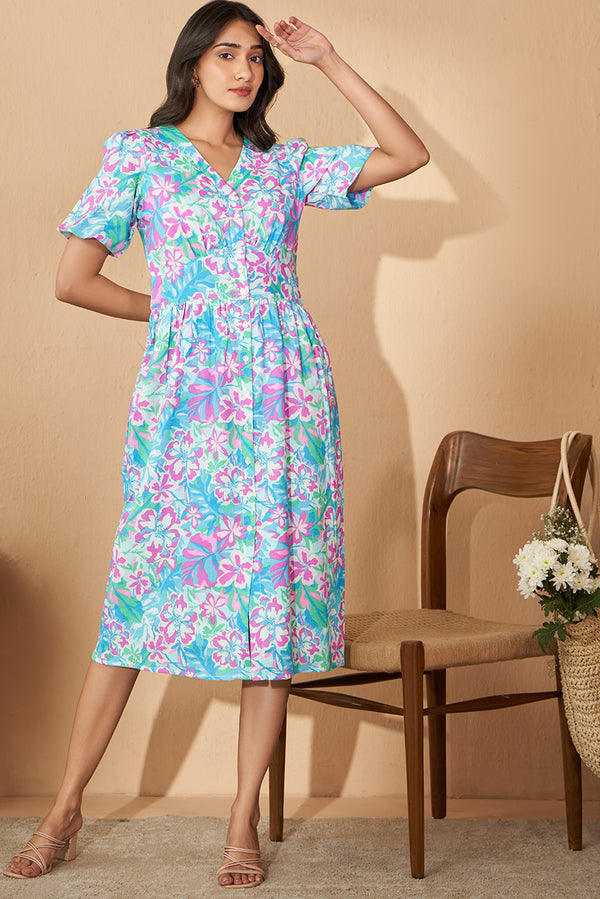 Printed linen blend summer dress