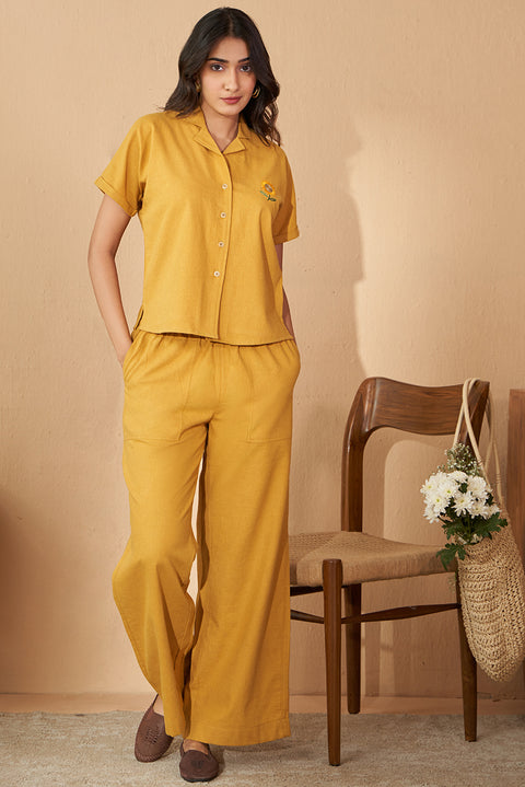 Mustard Yellow Cotton Co-ord Set Shirt And Trousers Set