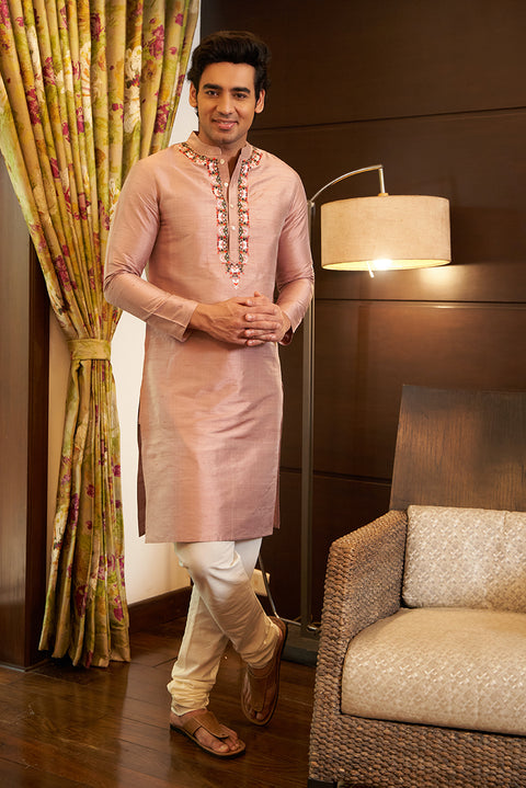 Onion Pink Raw Silk Kurta Set With Embroidery