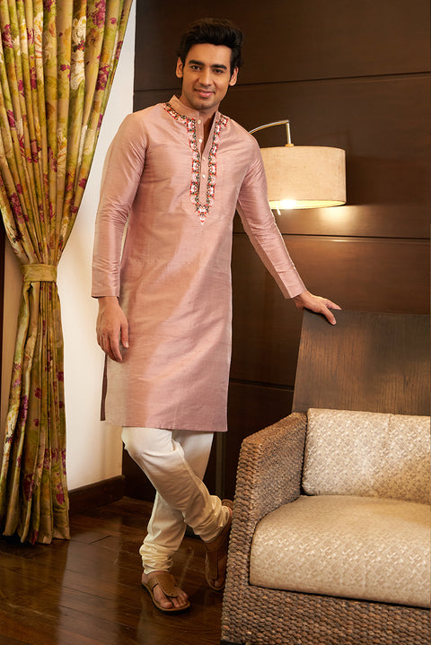 Onion Pink Raw Silk Kurta Set With Embroidery