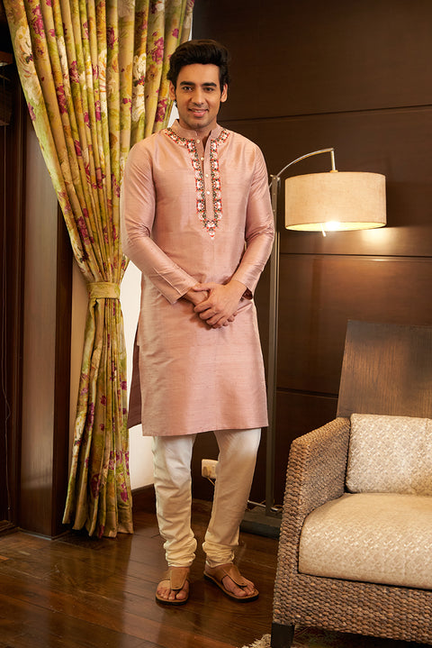 Onion Pink Raw Silk Kurta Set With Embroidery