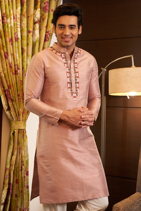 Onion Pink Raw Silk Kurta Set With Embroidery