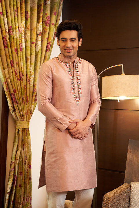 Onion Pink Raw Silk Kurta Set With Embroidery