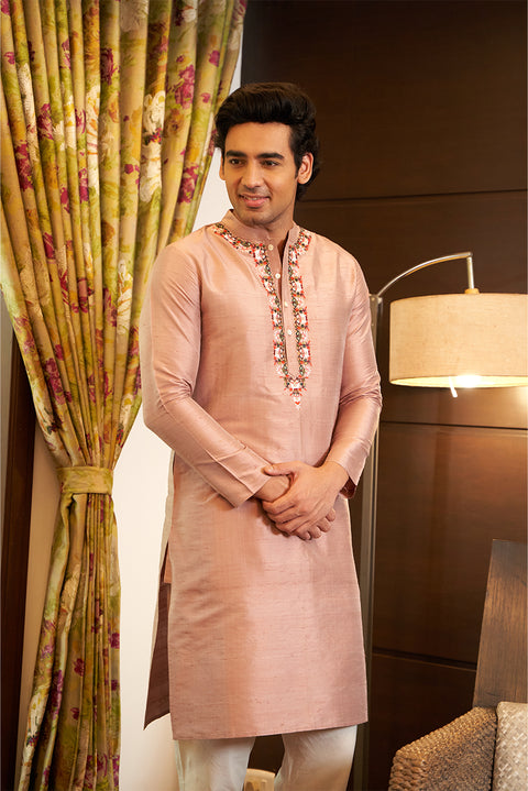 Onion Pink Raw Silk Kurta Set With Embroidery