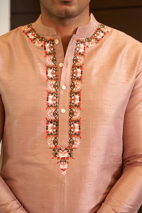 Onion Pink Raw Silk Kurta Set With Embroidery