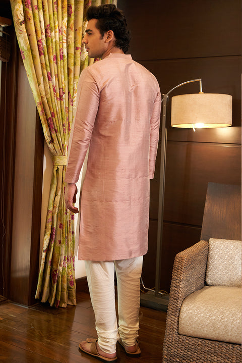 Onion Pink Raw Silk Kurta Set With Embroidery