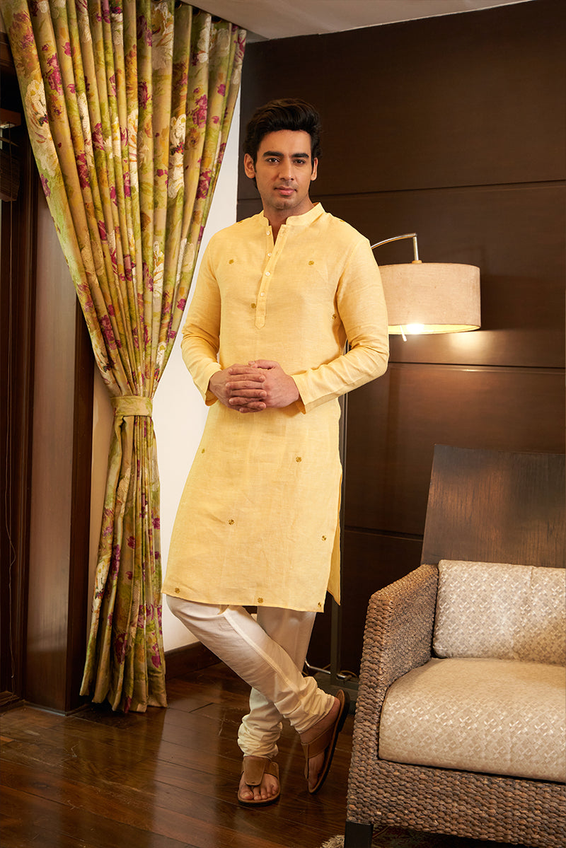 Yellow linen kurta set with gold embroidery