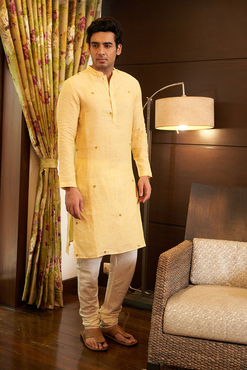 Yellow Linen Kurta Set With Gold Embroidery