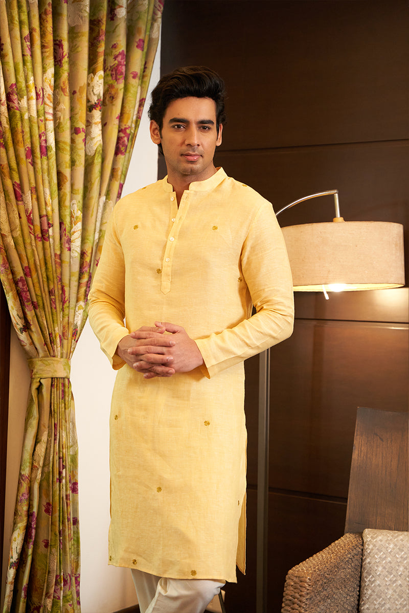 Yellow linen kurta set with gold embroidery