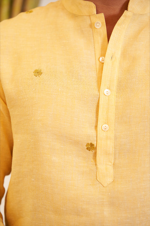 Yellow Linen Kurta Set With Gold Embroidery