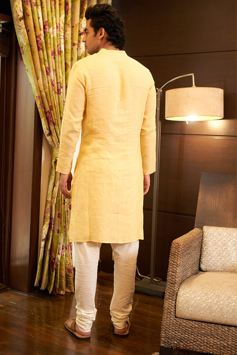 Yellow Linen Kurta Set With Gold Embroidery