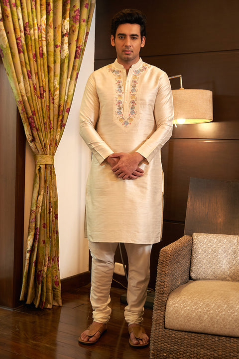 Pure Raw Silk Ivory Kurta Set With Embroidery