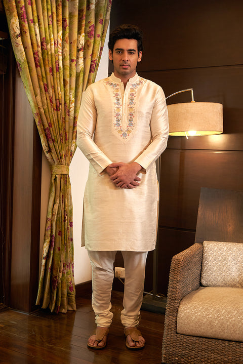 Pure Raw Silk Ivory Kurta Set With Embroidery