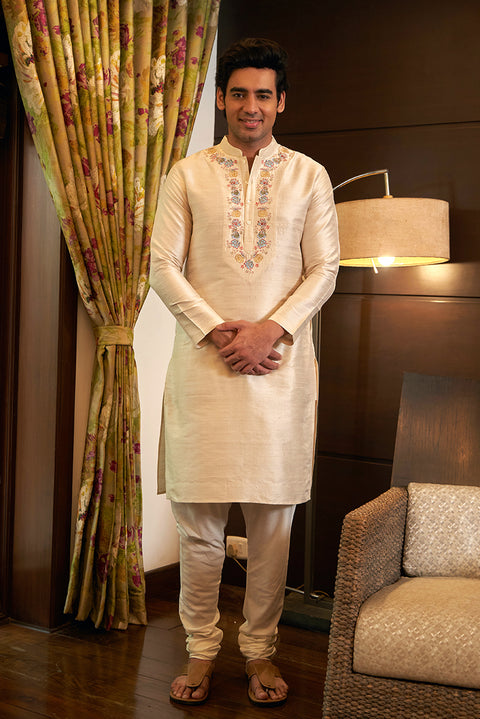 Pure Raw Silk Ivory Kurta Set With Embroidery