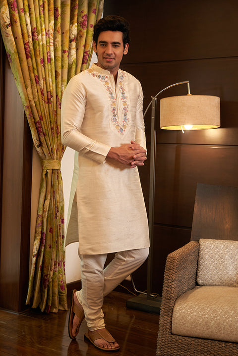 Pure Raw Silk Ivory Kurta Set With Embroidery