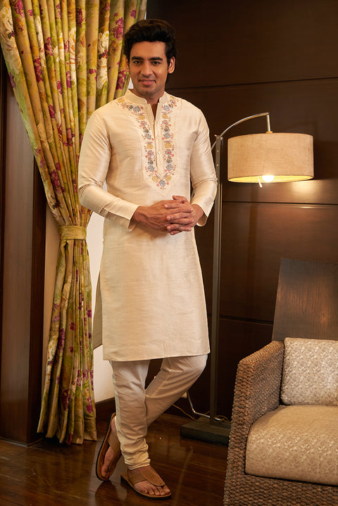 Pure Raw Silk Ivory Kurta Set With Embroidery