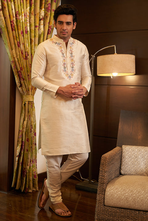 Pure Raw Silk Ivory Kurta Set With Embroidery