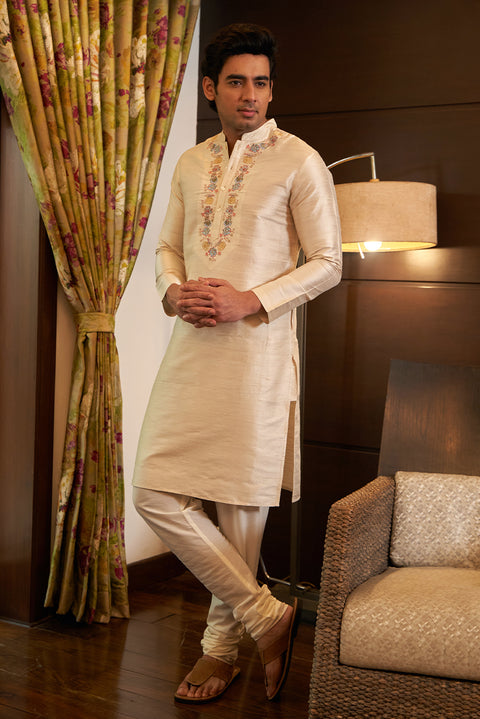 Pure Raw Silk Ivory Kurta Set With Embroidery