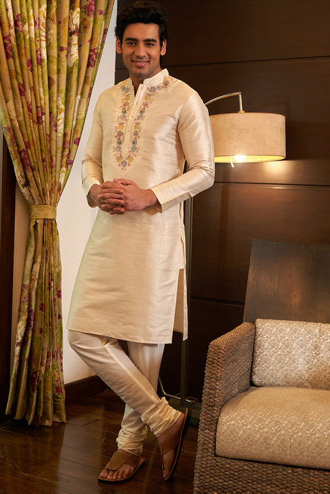 Pure Raw Silk Ivory Kurta Set With Embroidery