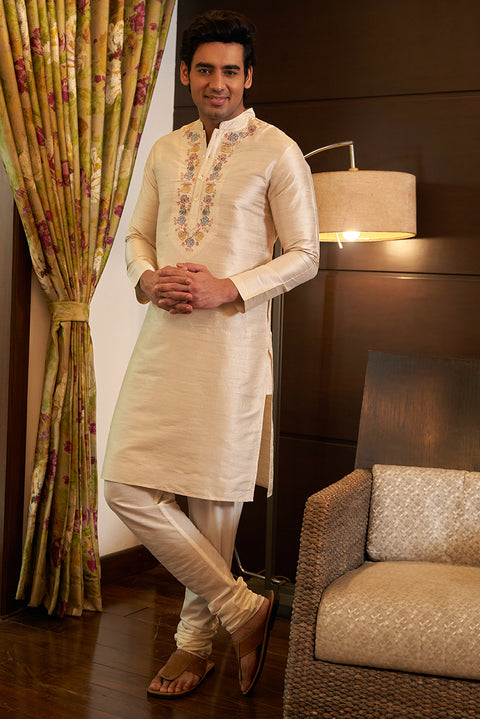 Pure Raw Silk Ivory Kurta Set With Embroidery