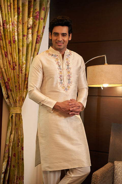 Pure Raw Silk Ivory Kurta Set With Embroidery