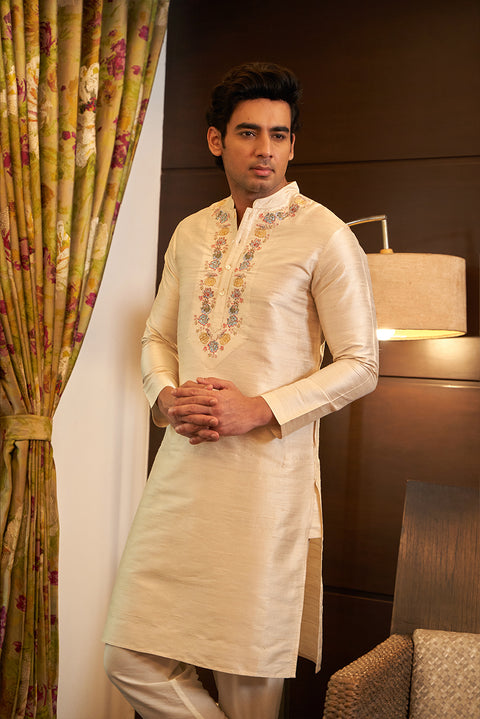 Pure Raw Silk Ivory Kurta Set With Embroidery