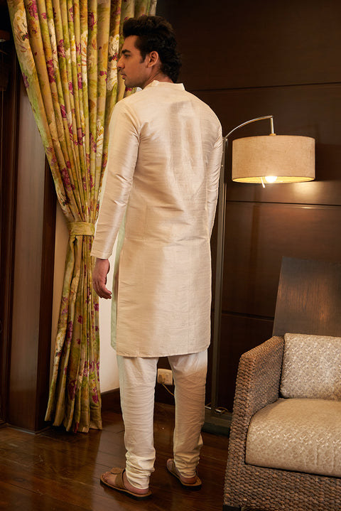 Pure Raw Silk Ivory Kurta Set With Embroidery