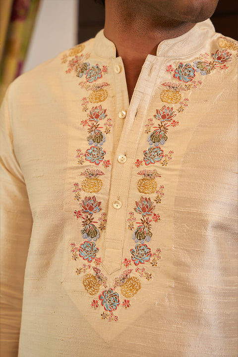 Pure Raw Silk Ivory Kurta Set With Embroidery