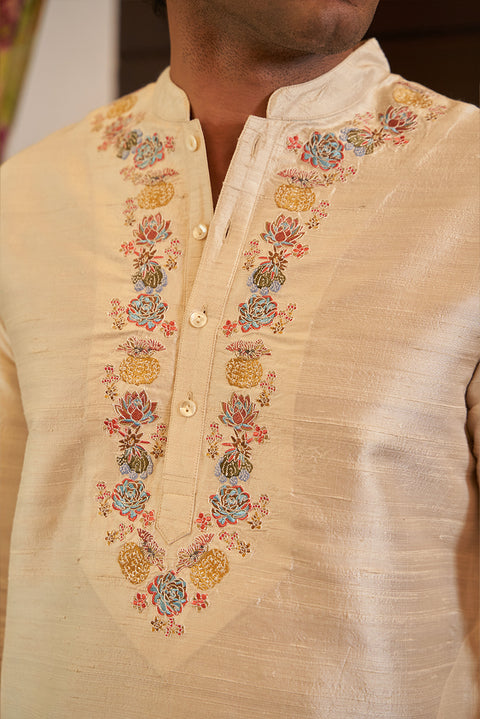 Pure Raw Silk Ivory Kurta Set With Embroidery