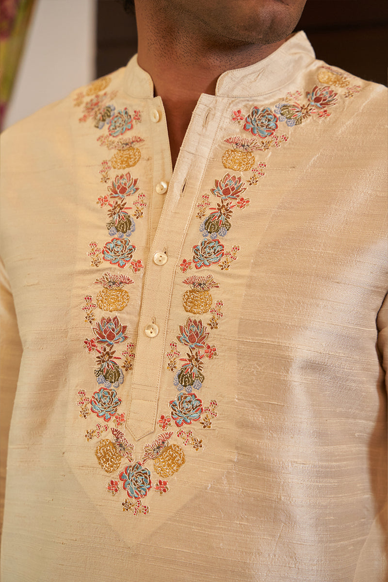 Pure Raw silk ivory kurta set with embroidery