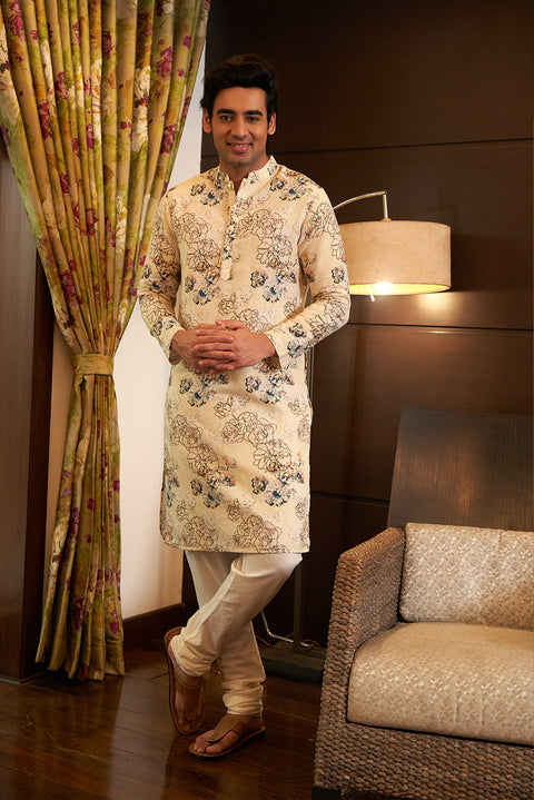 Ivory Linen Cotton Printed Kurta Set