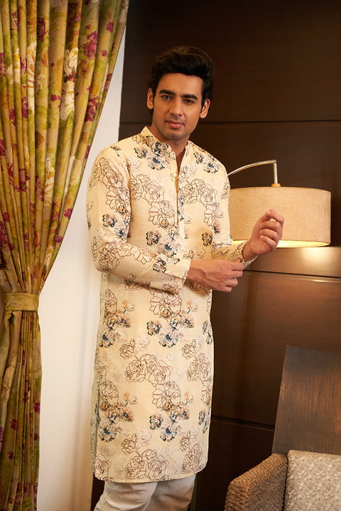 Ivory Linen Cotton Printed Kurta Set