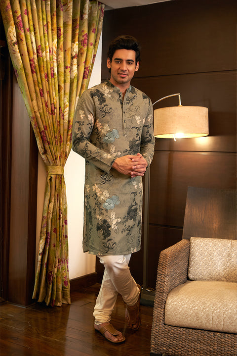 Grey Linen Cotton Printed Kurta Set