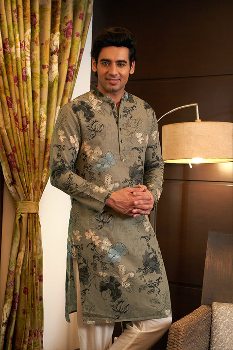 Grey Linen Cotton Printed Kurta Set