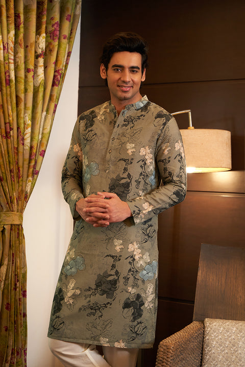 Grey Linen Cotton Printed Kurta Set